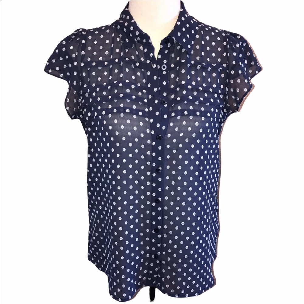 Mason Jules Sheer Blue with White Flower Print cap sleeves ruffle blouse SZ S